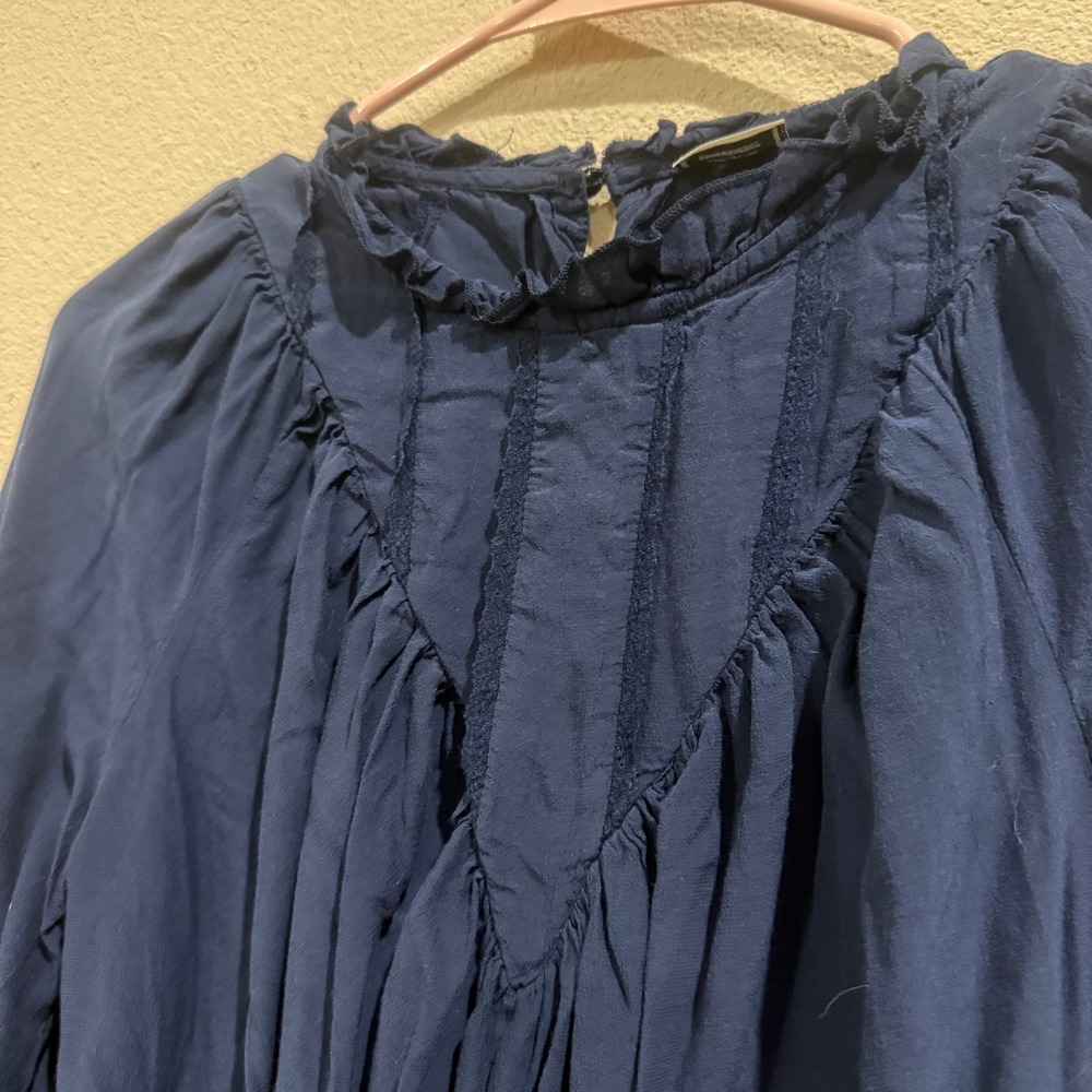 Pimkie Blouse Womens Navy Blue Excellent Ruffle Neck Smocked Cuff Pintuck Top